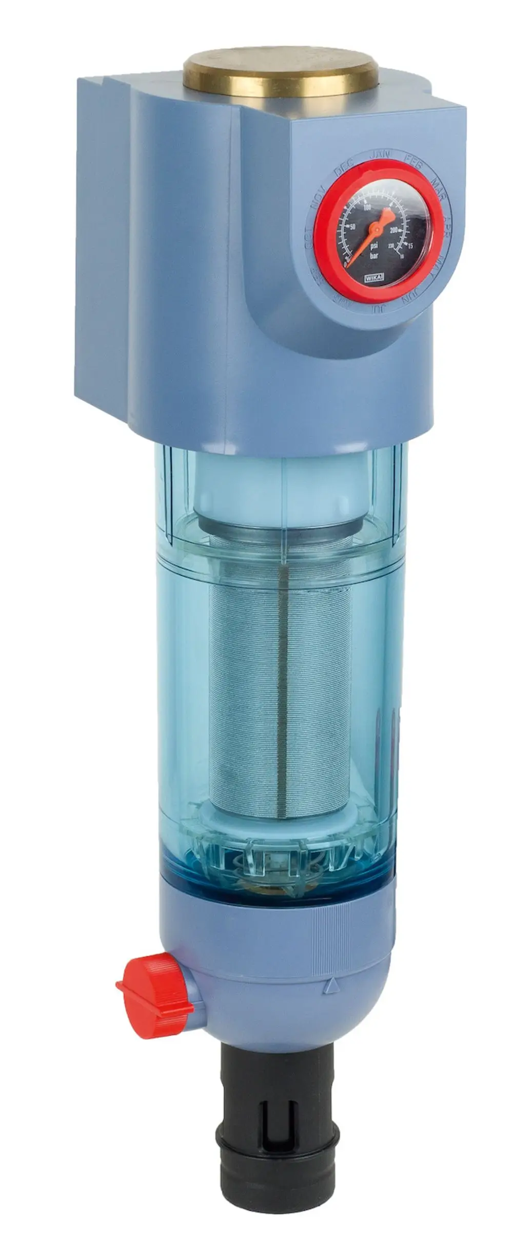 Resideo Feinfilter mit transparentem Gehäuse, Druckanzeige und rotem Rückspülschalter. Der Filter hat eine feine Maschenstruktur zur Rückspülung.