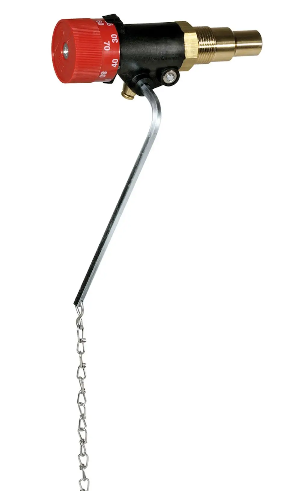 Feuerungsregler von Resideo mit manuellem Einstellrad und Metallstange. Verbindung mit Kette und Anschluss für eine 3/4"- Leitung.