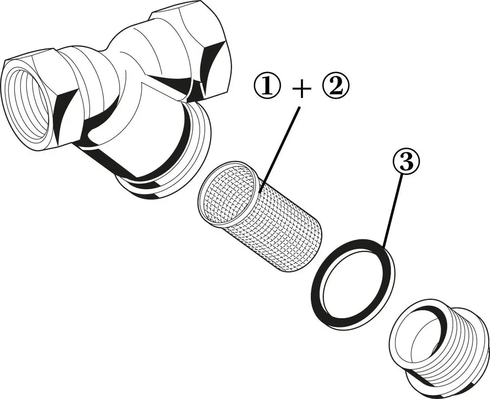 Schematische Darstellung eines Schmutzfängers. Enthält Teile wie ein Rohr mit Gewinde, einen Filtereinsatz und einen Dichtungsgummi. Hersteller ist Resideo.