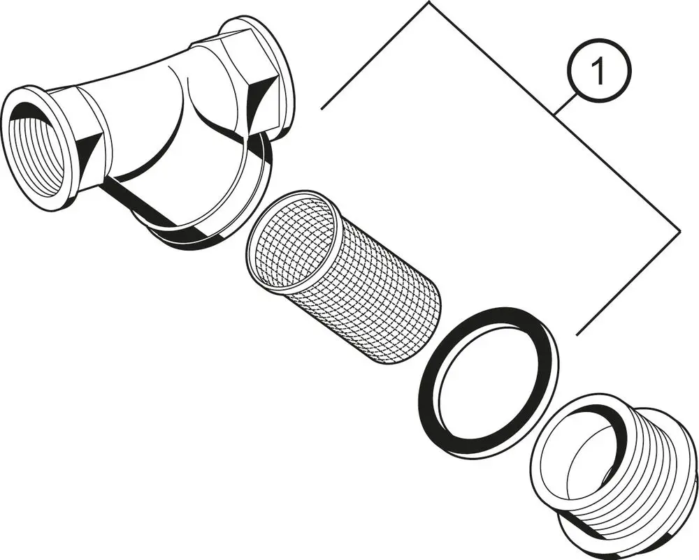 Schmutzfänger von Resideo, montierbar, bestehend aus einem Metallteil mit Muffen, einem Gitterfilter und Dichtungsring. Ideal zur Filterung von Schmutz in Rohrleitungen.