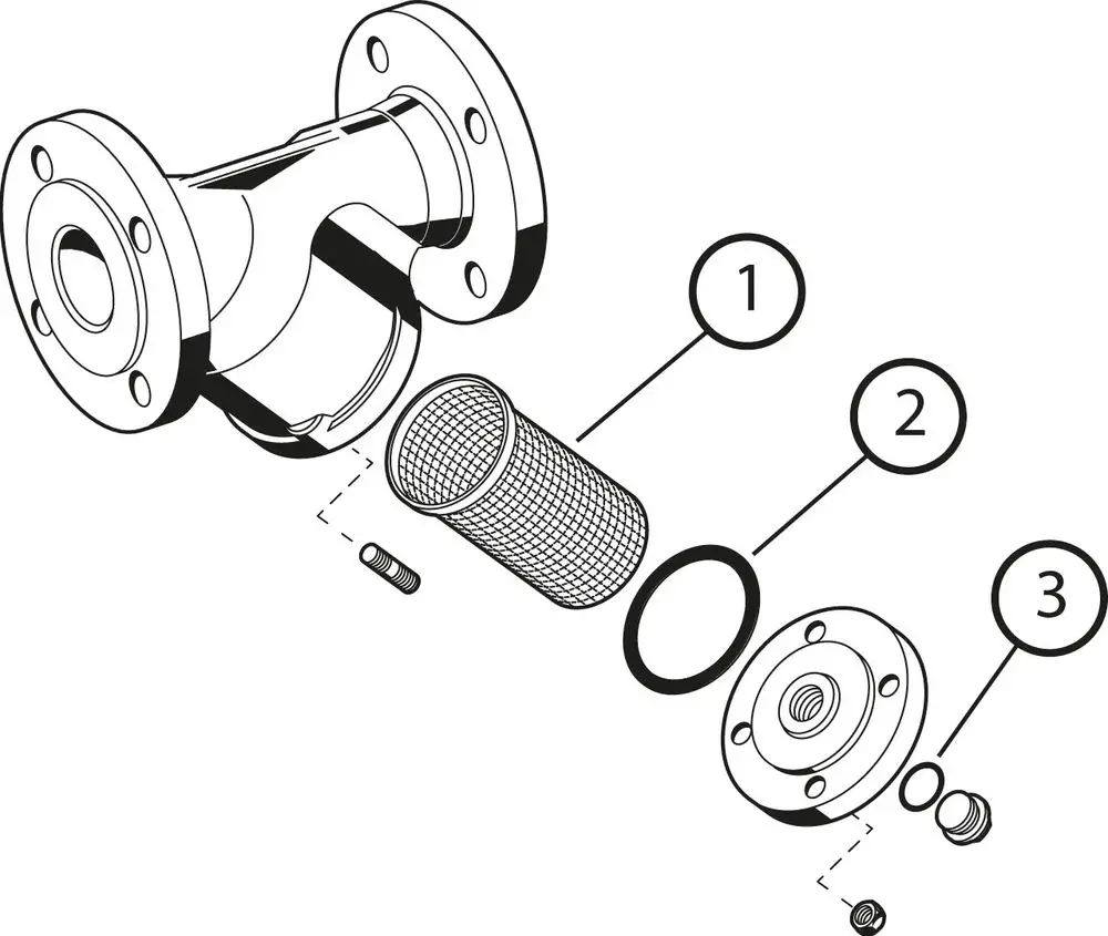 Schmutzfänger mit Flanschen, zeigt die Einzelteile wie den Filter, Dichtungen und Schrauben. Ersatzteil von Resideo zur Filterung in Rohrsystemen.