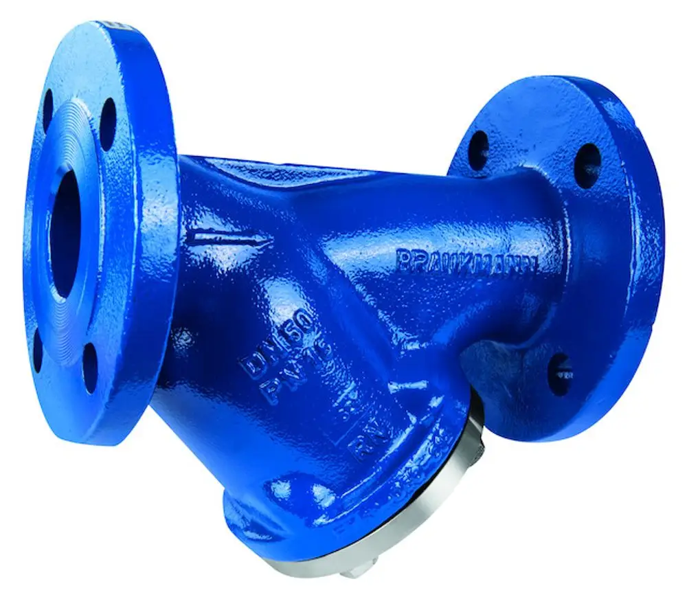 Blauer Schmutzfänger mit Flanschen, aus Gusseisen, montiert für Rohrleitungen. Geformt für die Marke Resideo und zur Filterung von Schmutzpartikeln in Flüssigkeitssystemen.