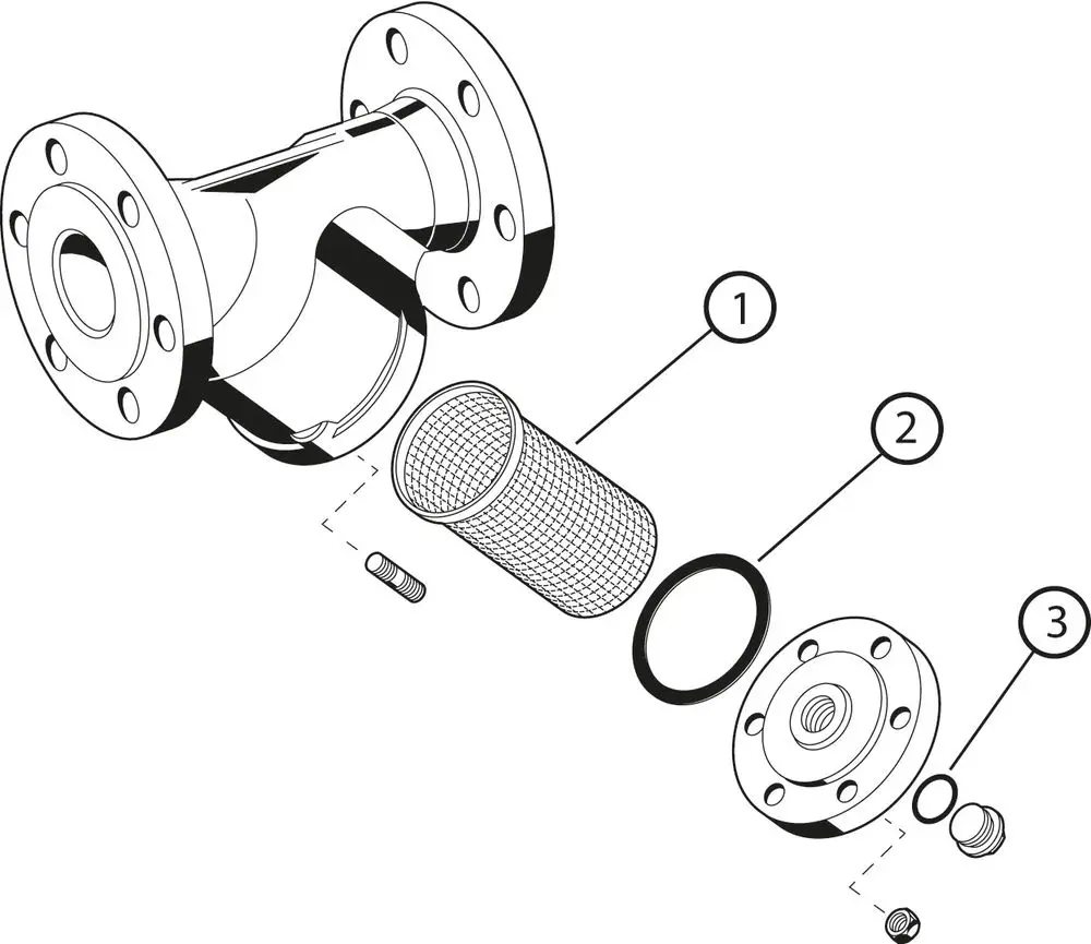 Schematische Darstellung eines Schmutzfängers von Resideo mit Flanschen, einer Siebeinheit, Dichtungen und einer Schraube zur Befestigung.