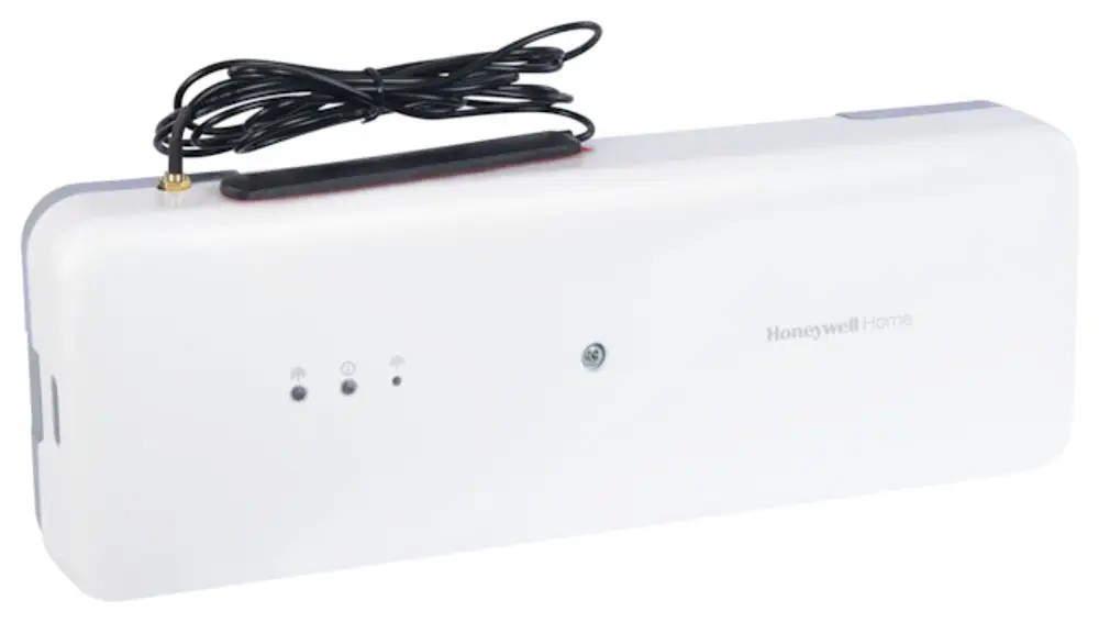 Weißer Regler von Resideo mit mehreren Statusanzeige-LEDs, einer Antenne und einer Montagehalterung, geeignet für Fußbodenheizungs- und Kühlsysteme.