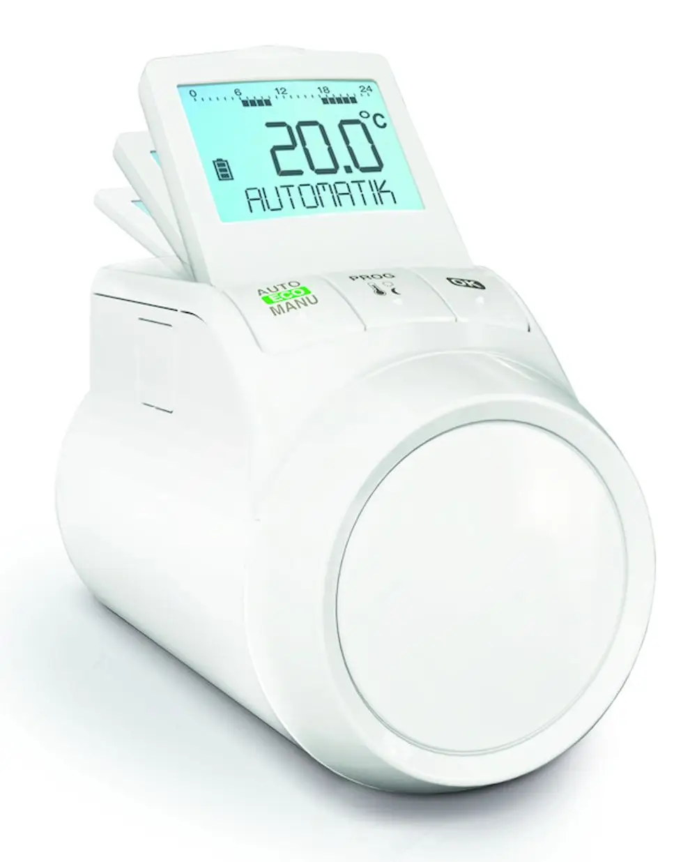 Weißer Heizkörperregler von Resideo mit digitalem Display. Temperaturanzeige von 20,0 °C und Knöpfen für Auto, Manu und Programmierung.