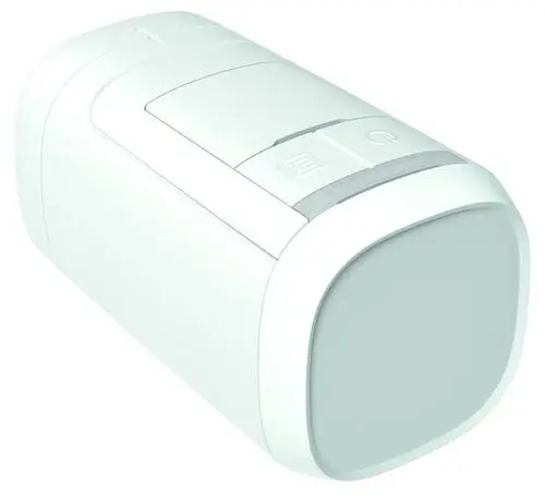 Weißer Thermostatregler mit einem runden, kompakten Design und einem Taster auf der Oberseite.