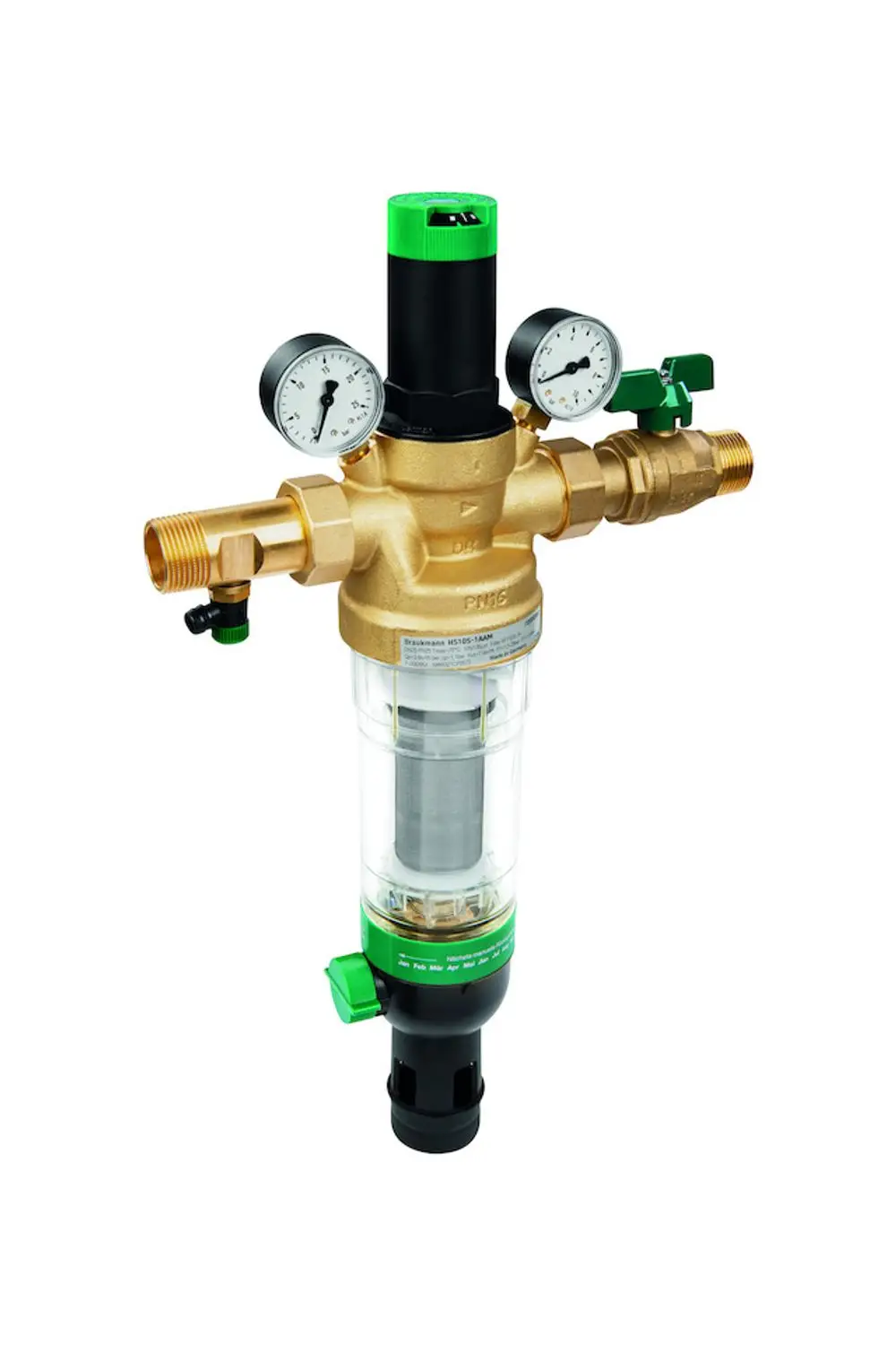 Hauswasserstation mit transparentem Gehäuse und Druckanzeigen, ausgestattet mit Ventilen. Produkt von Resideo zur Regulierung und Kontrolle von Wasserflüssen.