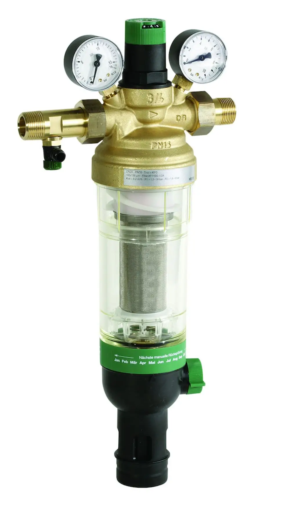 Hauswasserstation mit Druckregulator und zwei Manometern, hergestellt von Resideo. Transparenter Wassertank zur Sichtkontrolle mit einem Rückspülsystem.