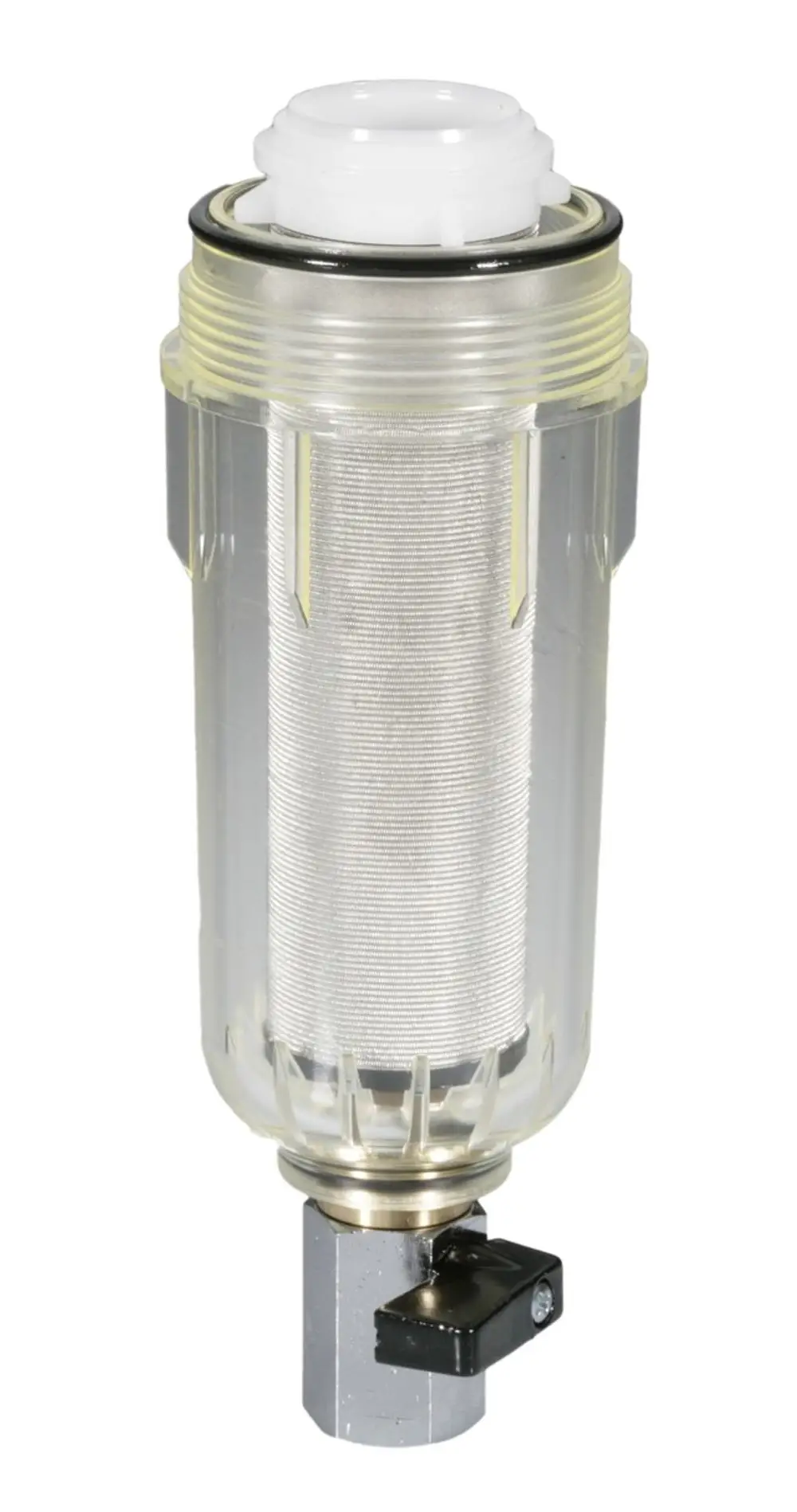 Transparente Filtertasse von Resideo mit Metallanschluss. Sie zeigt einen innenliegenden Filter und einen Hebel an der Unterseite zur Regulierung.