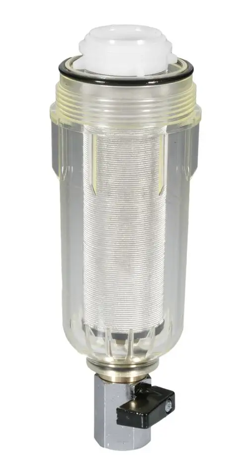 Transparente Filtertasse von Resideo mit Metallanschluss. Sie zeigt einen innenliegenden Filter und einen Hebel an der Unterseite zur Regulierung.