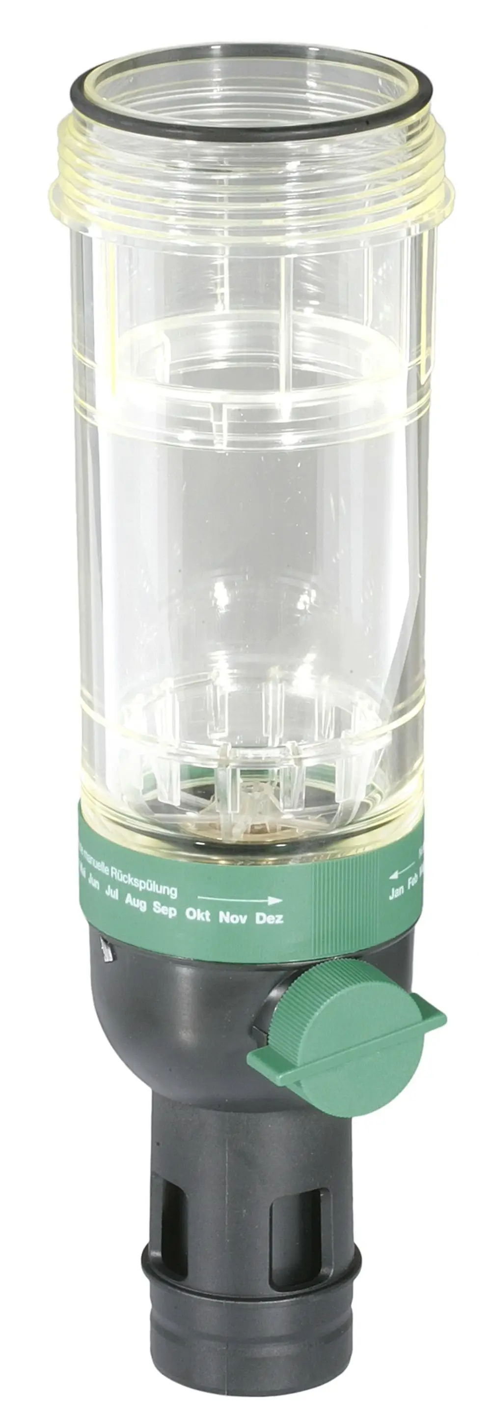 Transparente Filtertasse mit grünem Einstellring und Auslauf, genutzt in Wasserfiltersystemen. Produkt von Resideo, geeignet für die manuelle Rückspülung.