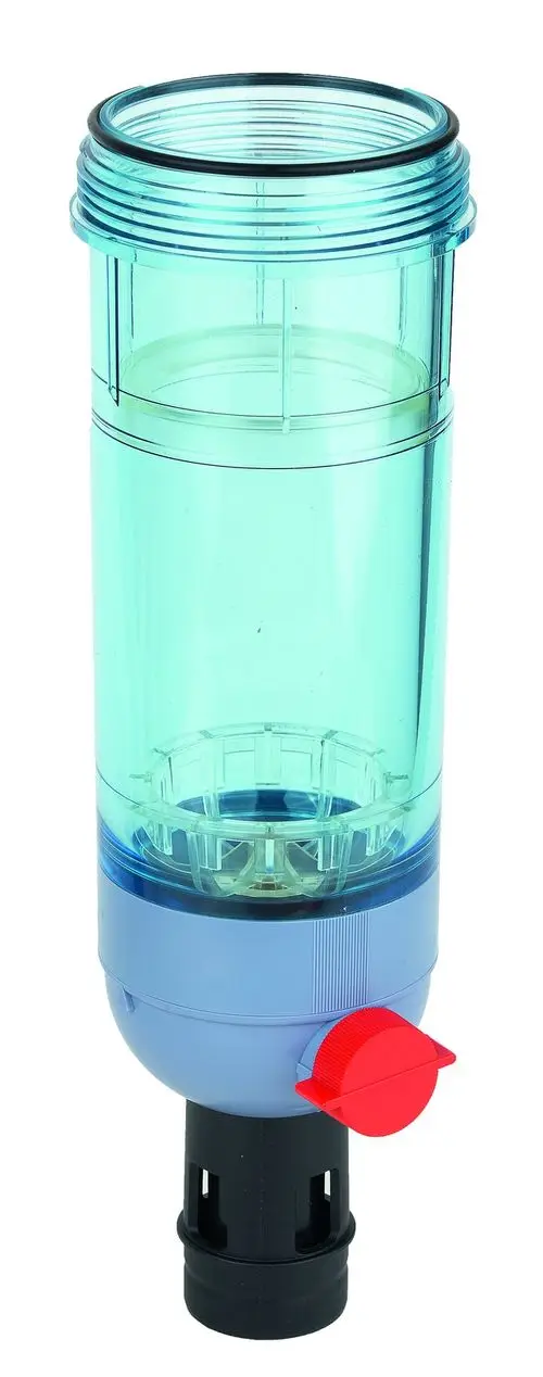 Klar transparente Filtertasse mit rotem Ventil, gefertigt von Resideo, zur Verwendung in Wasserfiltersystemen. Sie ermöglicht die Sichtkontrolle des Filters.