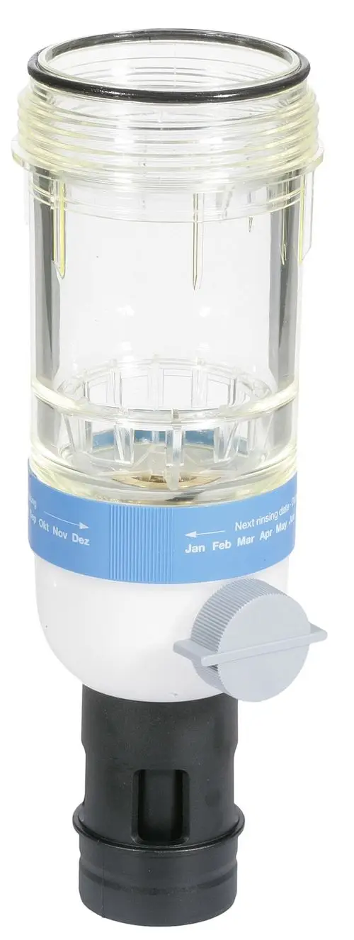 Transparente Filtertasse mit einem weißen Unterteil und blauer Skala zur Kennzeichnung von Rinseintervallen, hergestellt von Resideo.