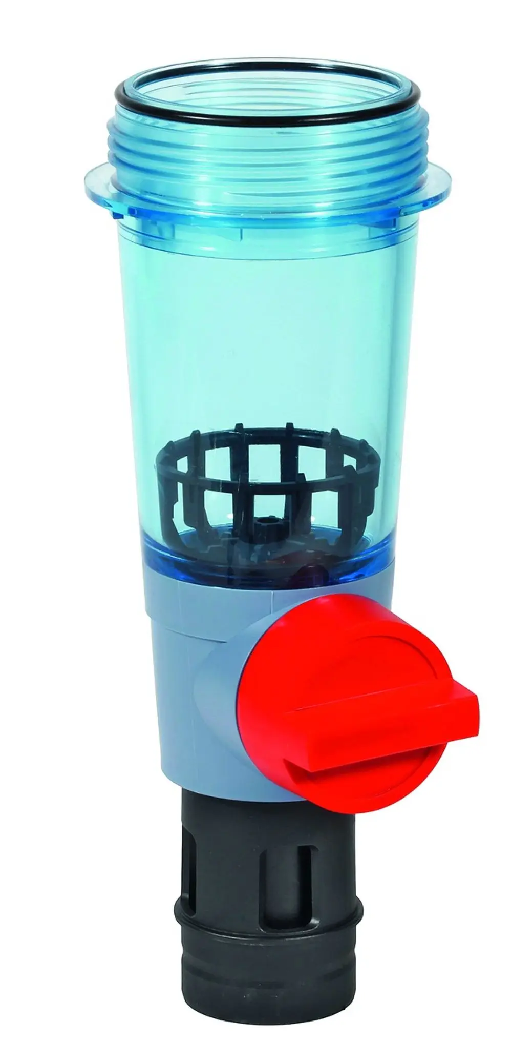 Transparente Filtertasse mit blauem Deckel und rotem Ventil, Teil eines Filtersystems von Resideo, zur Reinigung von Flüssigkeiten.