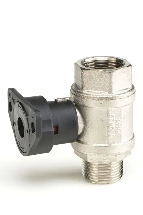 Kugelhahn mit Dichtring, silberne Metalloberfläche und schwarzem Kunststoffelement, verwendet z.B. in Heizungs- und Sanitärsystemen. Produkt von Resideo.