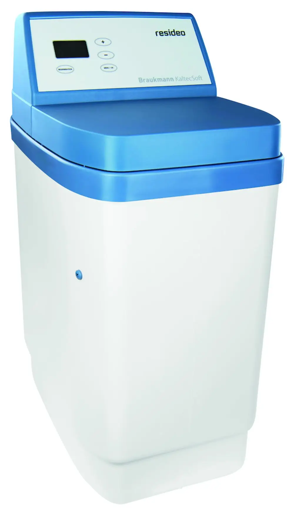 Enthärtungsgerät von Resideo mit blauer Oberseite und Bedienelementen. Das Gerät hat eine klare, funktionale Design für den Einsatz in Haushalten.