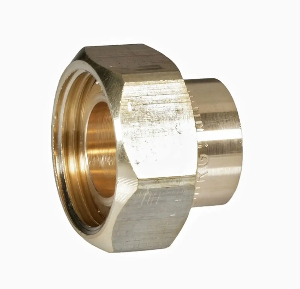Messing-Löttülle von Resideo, mit einem Innengewinde und hexagonalem Gehäuse, geeignet zur Verbindung von Rohrleitungen in Heizungs- oder Wasserinstallationen.
