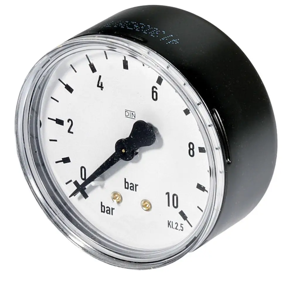Manometer mit schwarzem Gehäuse und weißem Ziffernblatt. Zeiger zeigt Druckwerte an, gekennzeichnet in bar. Hergestellt von Resideo.