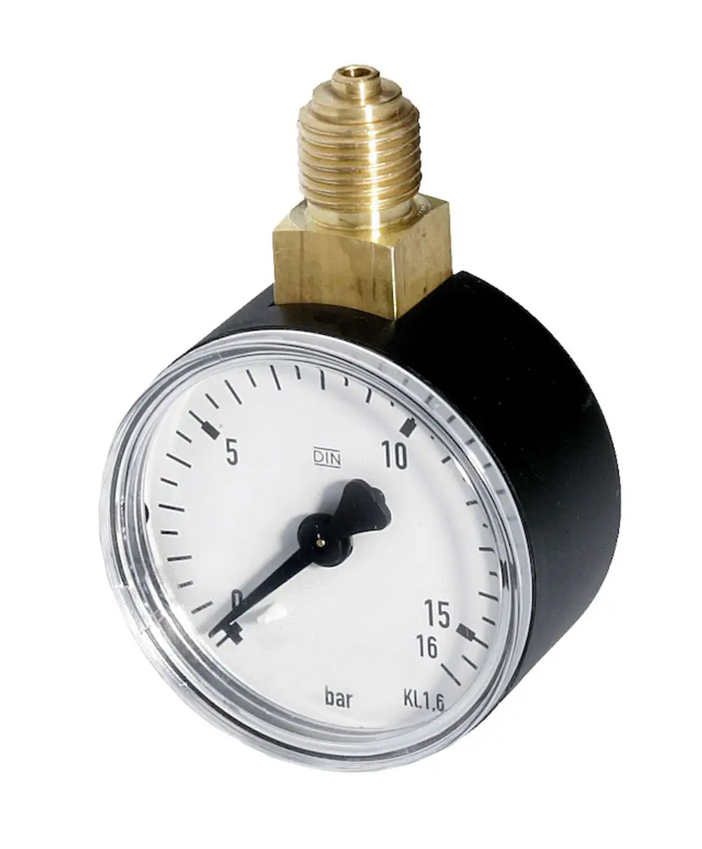 Manometer mit schwarzem Gehäuse und transparentem Zifferblatt, zeigt Druckwerte in bar an, ausgestattet mit einem Messanschluss für Installationen von Resideo.