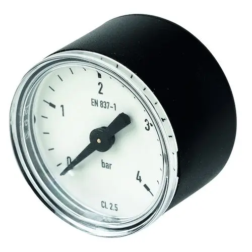 Manometer von Resideo mit skaliertem Ziffernblatt. Zeigt den Druck in bar an. Kunststoffgehäuse mit transparentem Deckel.