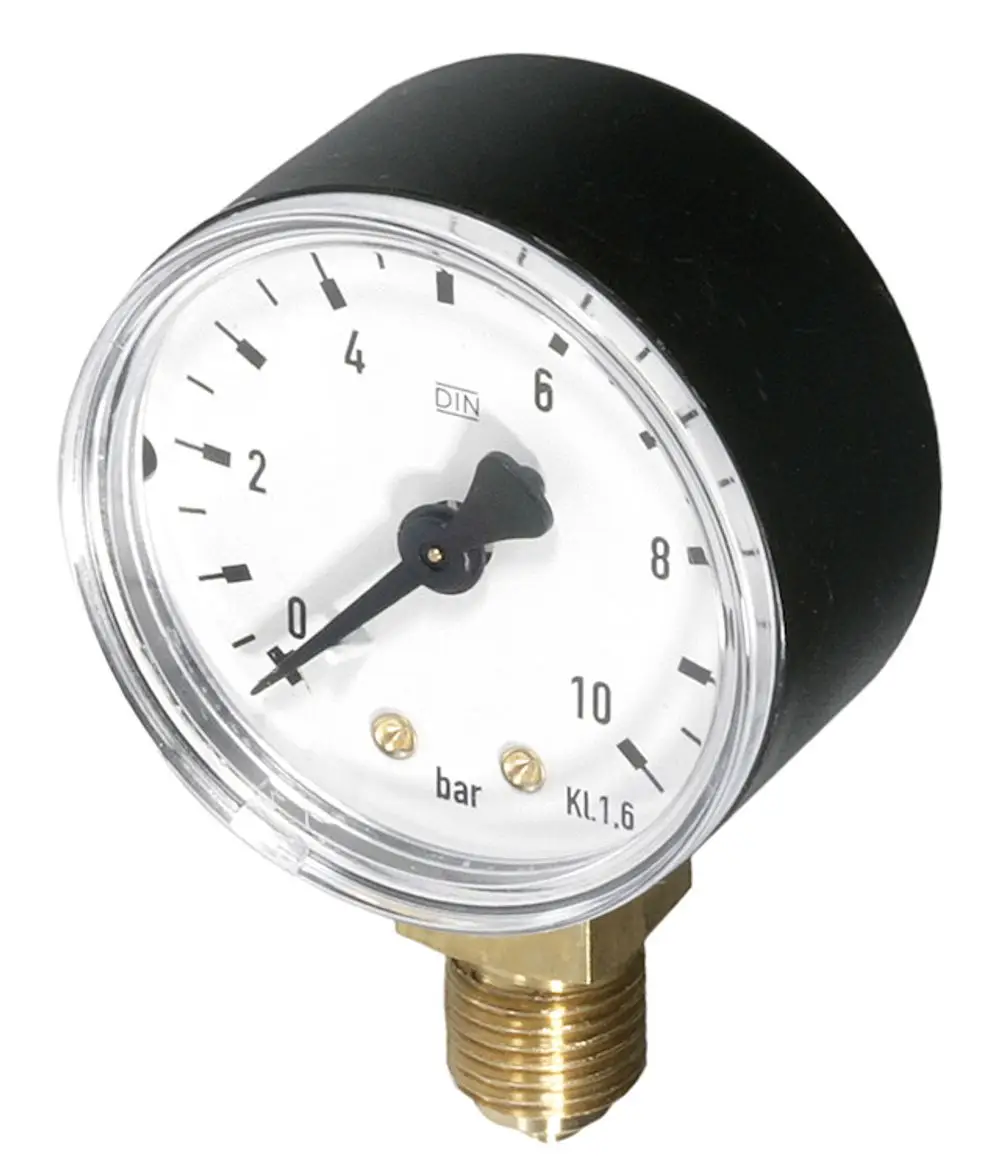 Manometer mit schwarzem Gehäuse, weißem Ziffernblatt und Zeiger für die Druckmessung in bar. Für Anwendungen von Resideo geeignet.