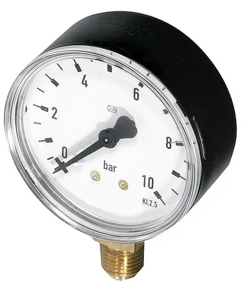 Manometer mit schwarzem Gehäuse und weißem Ziffernblatt, zeigt Druckwerte in bar an. Hersteller ist Resideo. Anschluss am Druckmessgerät ist unten.