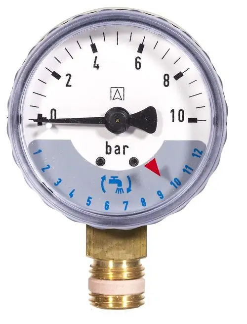 Manometer mit Ziffernblatt, skaliert von 0 bis 10 bar. Das Gehäuse ist aus Kunststoff, der Anschluss ist aus Messing. Hersteller Resideo.