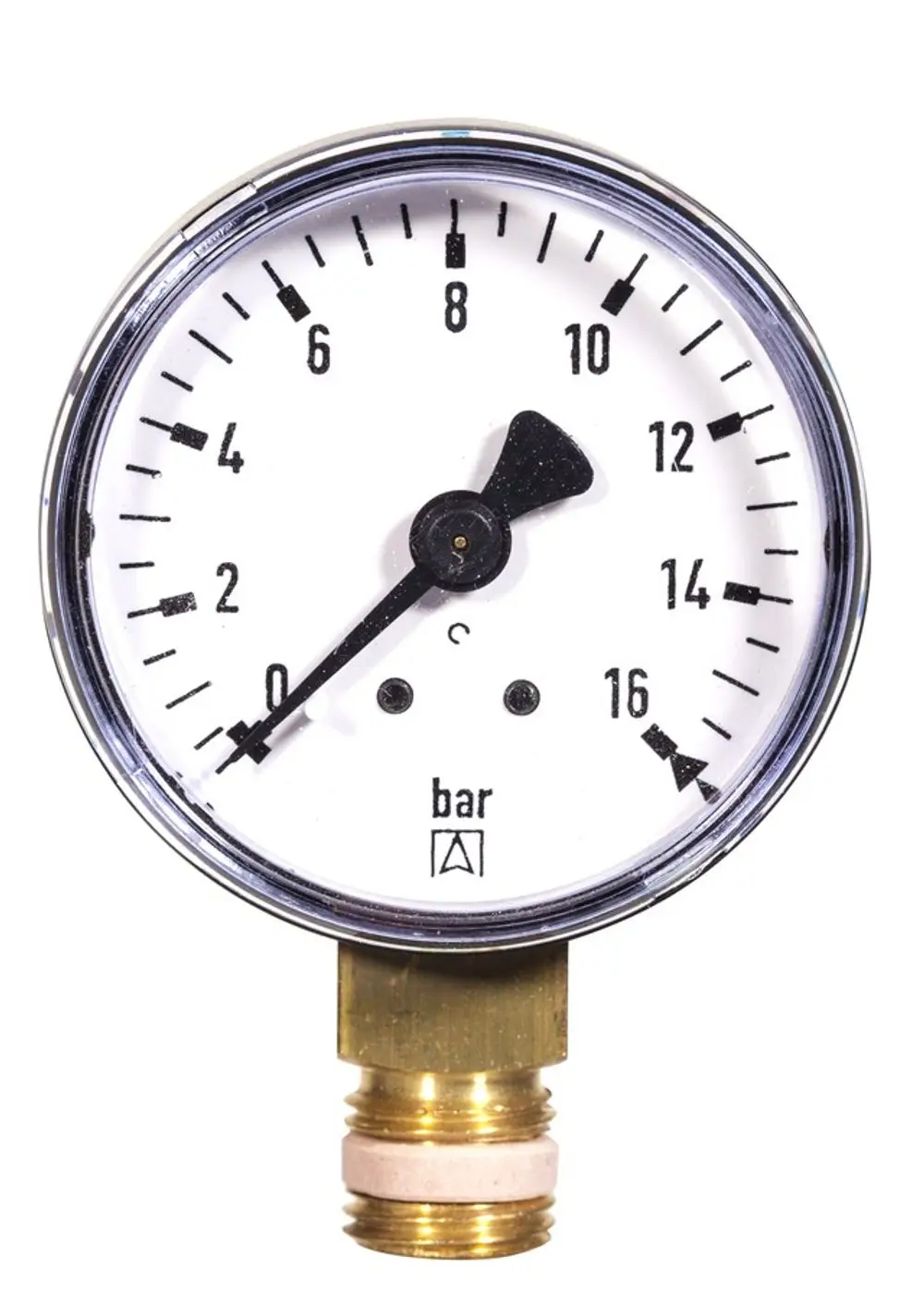 Messgerät zur Drucküberwachung mit einer Skala von 0 bis 16 bar. Gehäuse aus Metall, Anschluss für Installation. Produkt von Resideo.