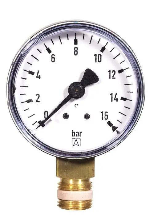 Messgerät zur Drucküberwachung mit einer Skala von 0 bis 16 bar. Gehäuse aus Metall, Anschluss für Installation. Produkt von Resideo.