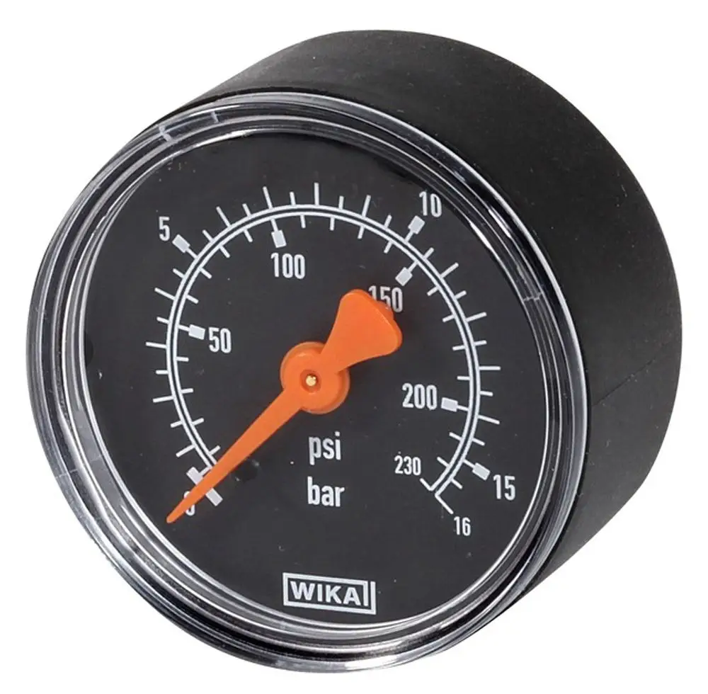 Manometer mit schwarzem Ziffernblatt und orangefarbener Zeigeranzeige, ausgestattet mit G 1/4-Anschluss, von der Marke Resideo. Statistische Druckmessung in bar und psi.
