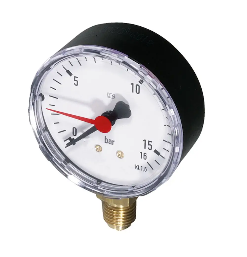 Manometer von Resideo mit einem weißen Ziffernblatt, schwarzen Zeigern und einer Skala bis 16 bar. Anschluss für G 1/4, transparente Abdeckung.