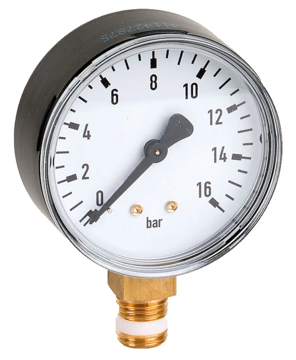 Manometer von Resideo mit einem weißen Ziffernblatt und einer Anzeige von 0 bis 16 bar, montiert auf einem Messinganschluss.