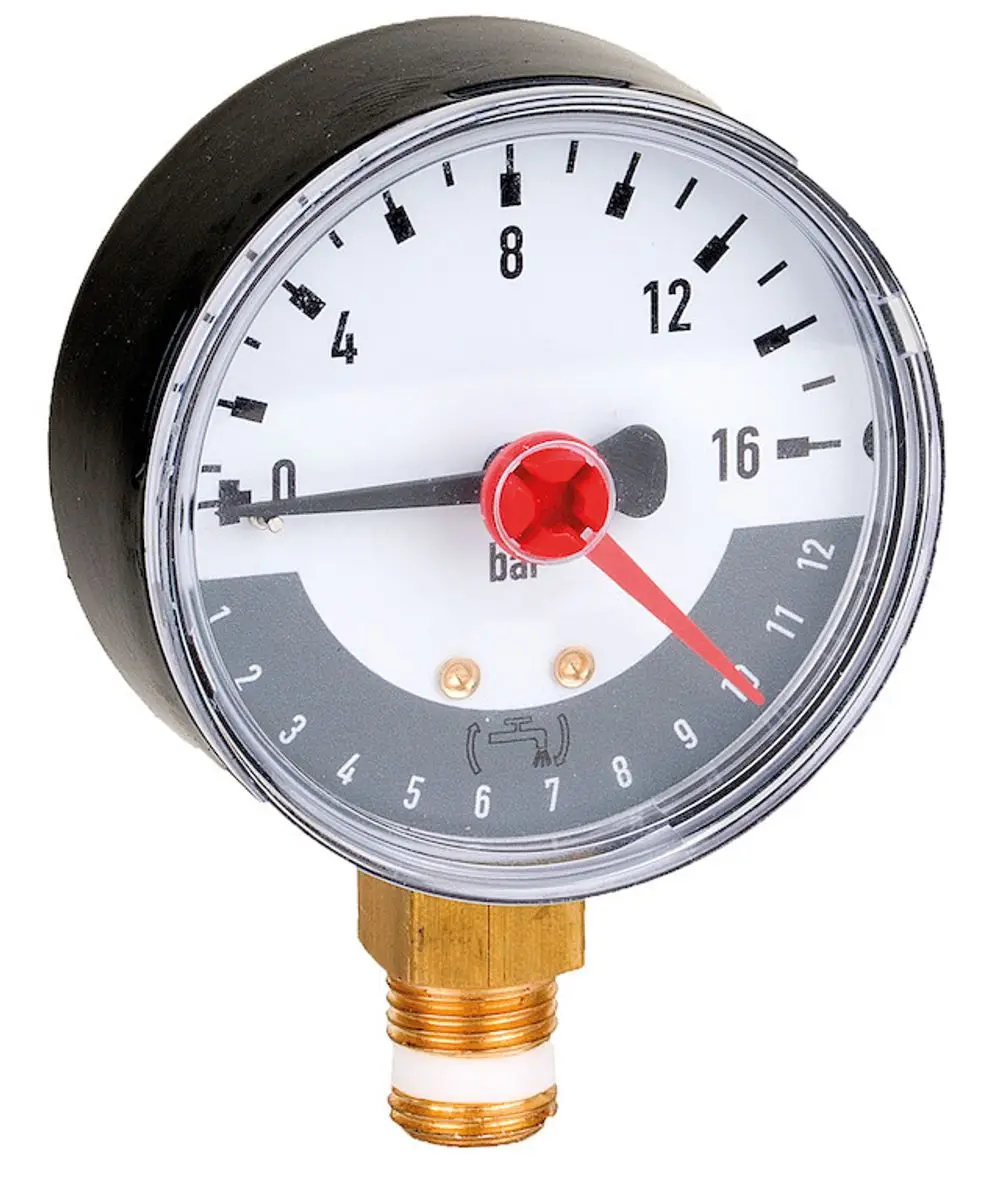 Manometer mit einem Ziffernblatt, das Druckwerte bis 16 bar anzeigt. Das Produkt zeigt die Marke Resideo und hat einen Anschluss mit R 1/4.