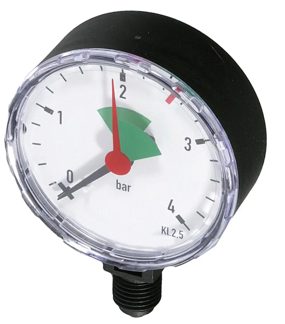Manometer von Resideo mit rundem Ziffernblatt, Anzeigen von Druckwerten in bar und roter sowie grüner Markierung für den Druckbereich. Anschluss unten.