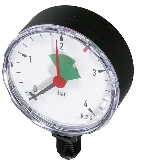 Manometer von Resideo mit rundem Ziffernblatt, Anzeigen von Druckwerten in bar und roter sowie grüner Markierung für den Druckbereich. Anschluss unten.