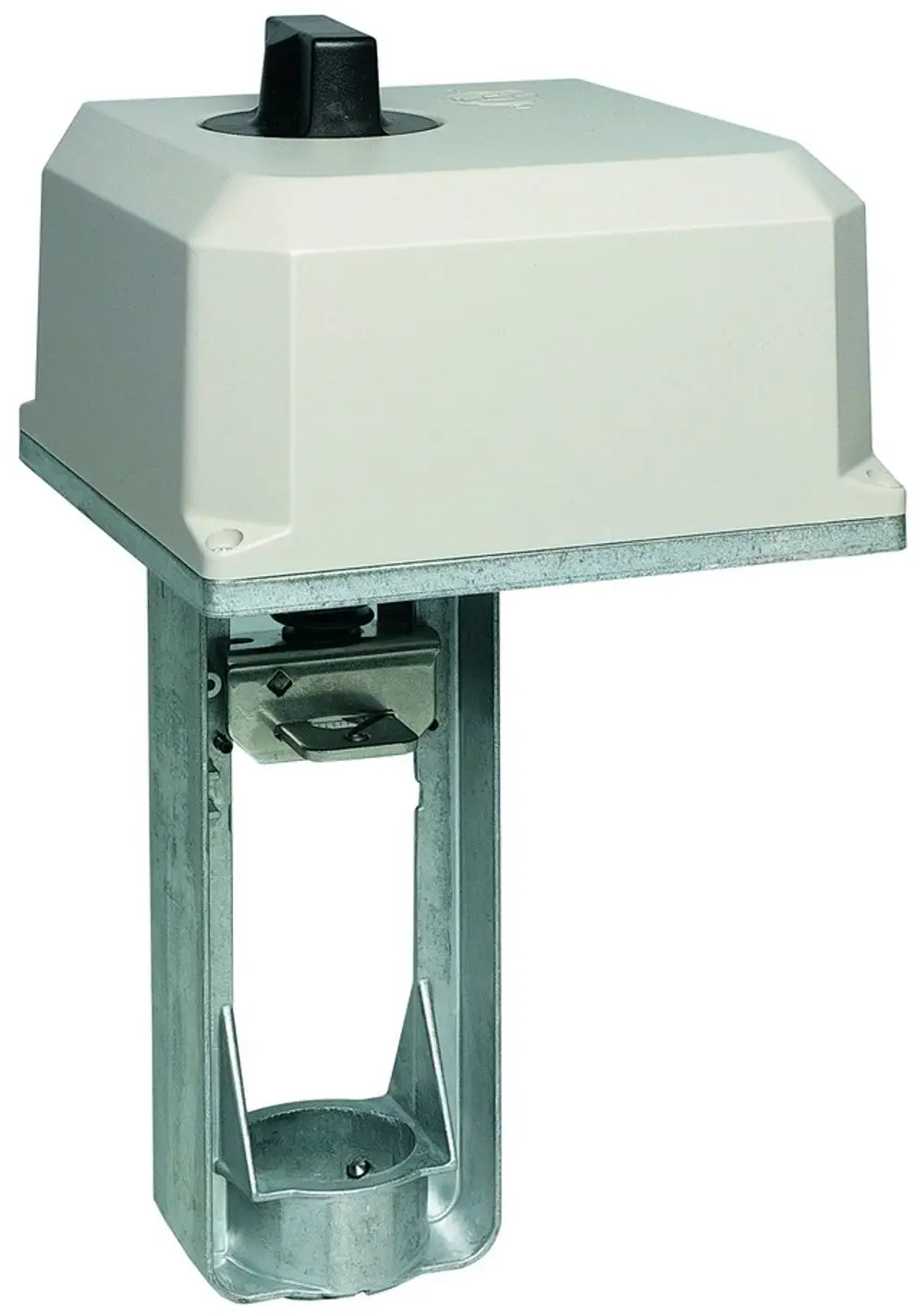 Ventilantrieb von Resideo mit schwarzem Drehknopf und metallischer Basis. Geeignet für die Regelung von Heizungsinstallationen. Design für einfache Installation und Nutzung.