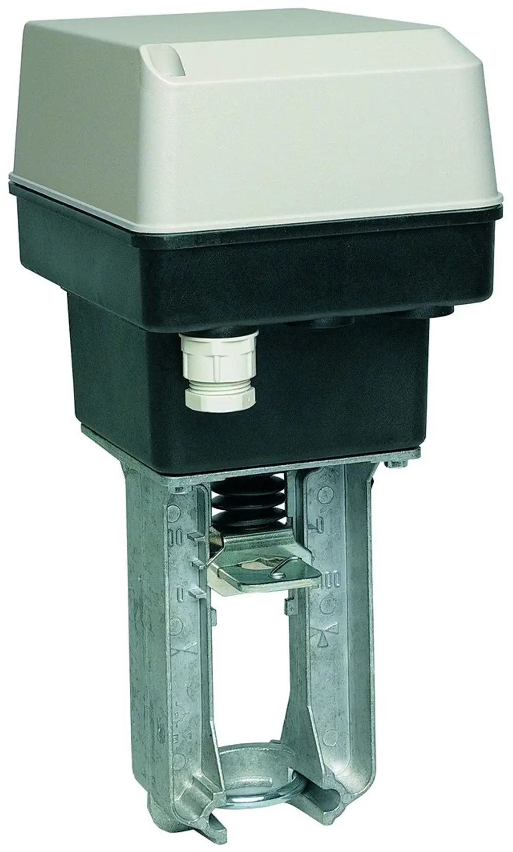 Antriebseinheit von Resideo mit einem kompakten Gehäuse, metallem Grundgerüst und Anschlussmöglichkeiten, geeignet für Automatisierungsanwendungen.
