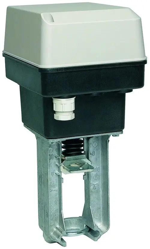 Antriebseinheit von Resideo mit einem kompakten Gehäuse, metallem Grundgerüst und Anschlussmöglichkeiten, geeignet für Automatisierungsanwendungen.