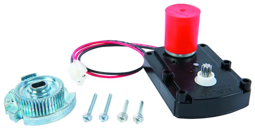 Motorsteuerung von Resideo mit rotem Gehäuse, einschließlich Motor und Antrieb, vier Schrauben und elektrischen Anschlüssen.