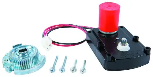 Motorsteuerung von Resideo mit rotem Gehäuse, einschließlich Motor und Antrieb, vier Schrauben und elektrischen Anschlüssen.