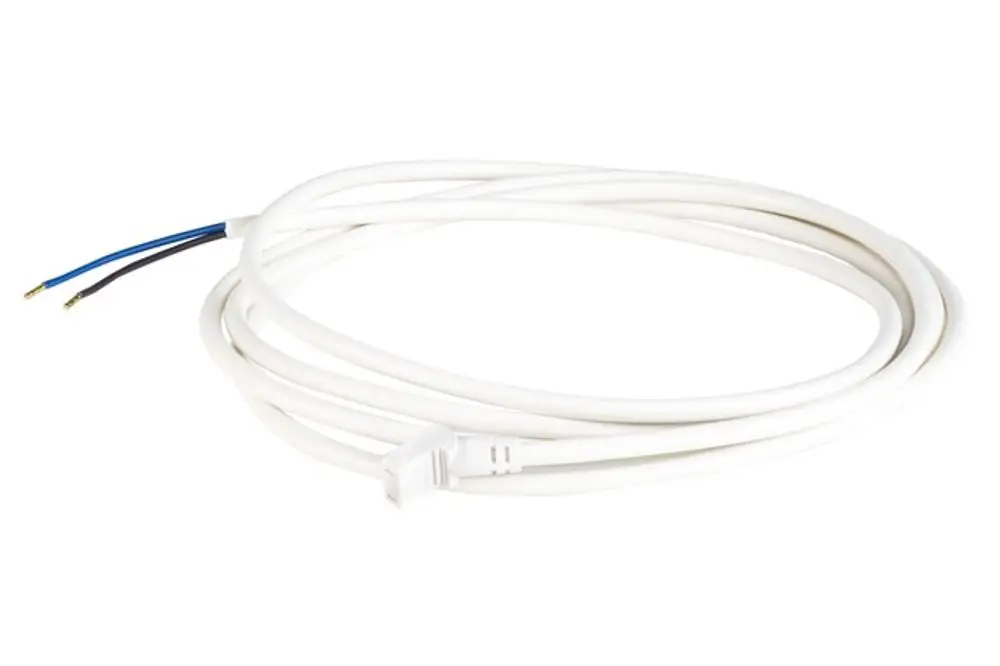 Weißes Verbindungskabel mit zwei abisolierten Drähten in Blau und Schwarz, ausgestattet mit einem Stecker. Hergestellt von Resideo.