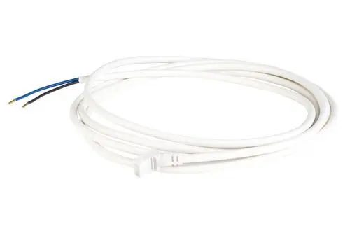 Weißes Verbindungskabel mit zwei abisolierten Drähten in Blau und Schwarz, ausgestattet mit einem Stecker. Hergestellt von Resideo.