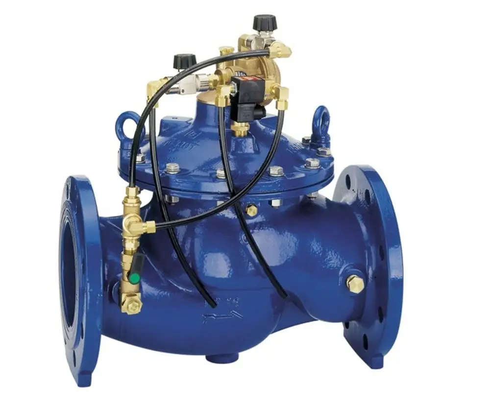 Magnetventil in blauer Ausführung mit mehreren Anschlüssen und Ventilsteuerung. Hersteller Resideo, geeignet für verschiedene Anwendungen zur Steuerung von Flüssigkeiten.