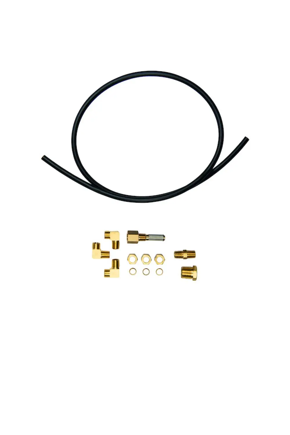 Schwarzes Rohr mit mehreren Messingfittings und Unterlegscheiben. Zubehör für hydraulische Systeme von Resideo.