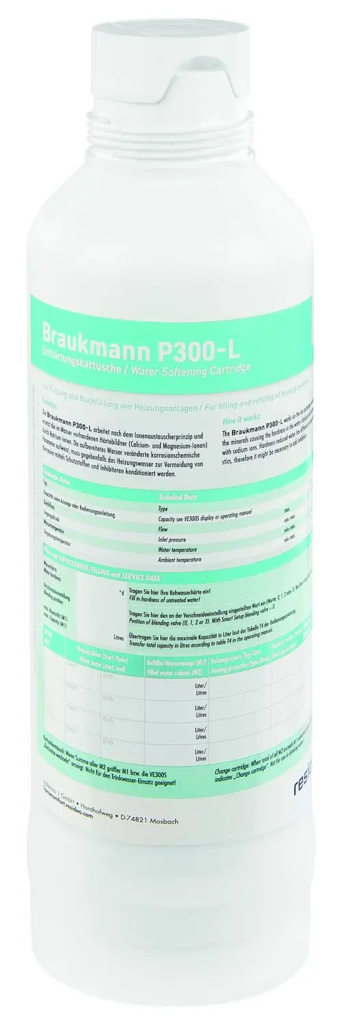 Transparente Wasserenthärtungskartusche von Resideo mit Angaben zu Füllmengen, Wasserhärte und technischen Daten. Geeignet für Heizungsanwendungen, nicht für Trinkwasser.