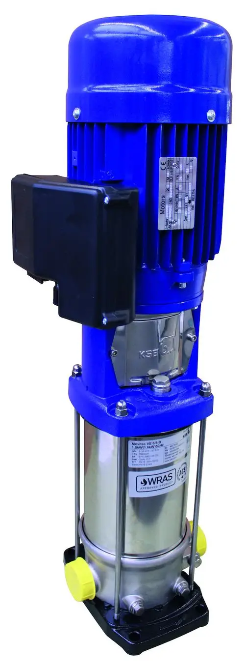 Blau lackierte Pumpeneinheit mit einem elektrischen Motor und Edelstahlkomponenten, geeignet für Wasseranwendungen, hergestellt von Resideo.