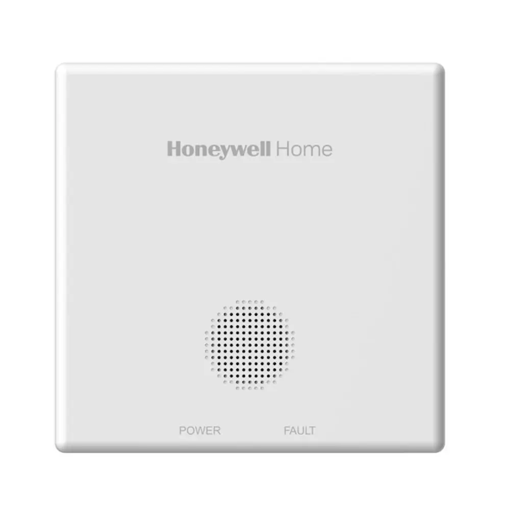 Weißes Gerät mit dem Schriftzug "Honeywell Home" und zwei Statusanzeigen für "POWER" und "FAULT". Mit Lautsprecher für akustische Warnungen. Von der Marke Resideo.