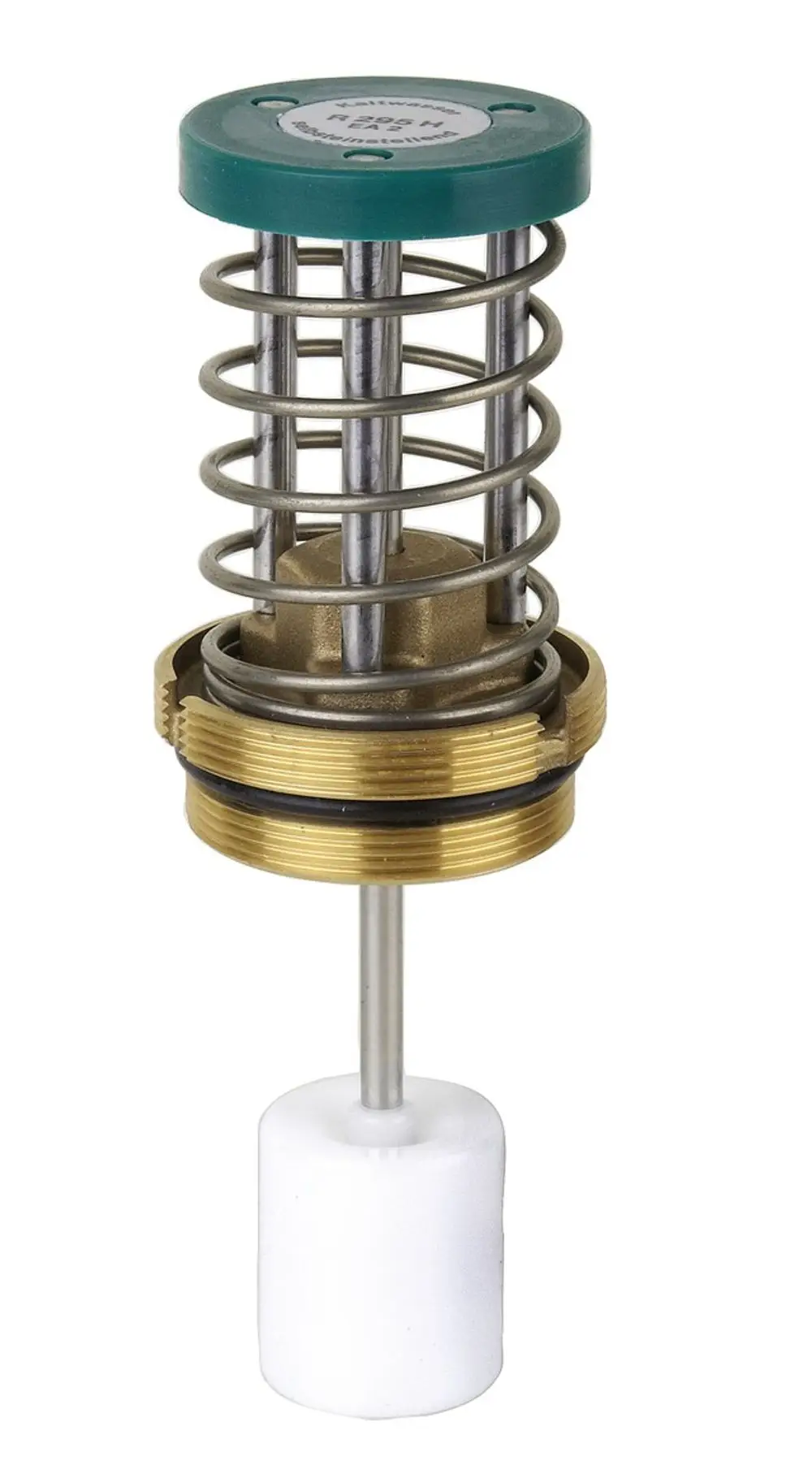 Ventileinsatz von Resideo, mit spiralförmigem Metallkörper und einer weißen, zylindrischen Basis. Konstruktionsdetails sind deutlich sichtbar.