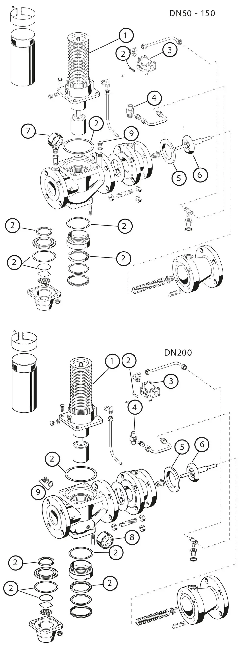 Ersatzteilzeichnung eines Rohrtrenners mit Komponenten wie Flanschen und Dichtungen, gewidmet an Resideo, mit detaillierter Auflistung der Teile für die Modellvarianten DN50-150 und DN200.