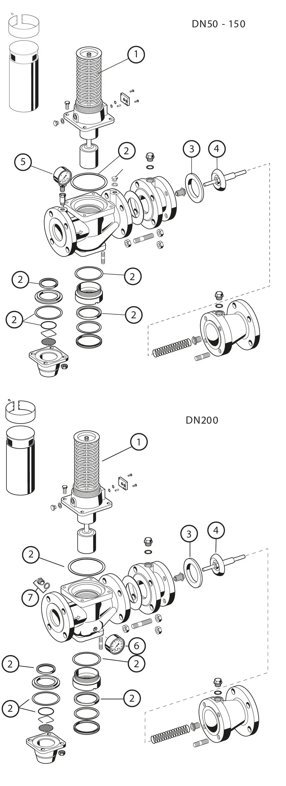 Schematische Darstellung eines Rohrtrenners mit verschiedenen Bauteilen, Kennzeichnung der Komponenten, geeignet für Anwendungen von Resideo.